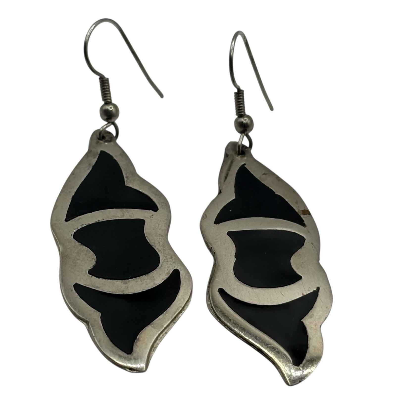 Alaca Mexico Earrings Black Inlaid Enamel Drop Dangle Silver Tone Metal Wavy Vtg
